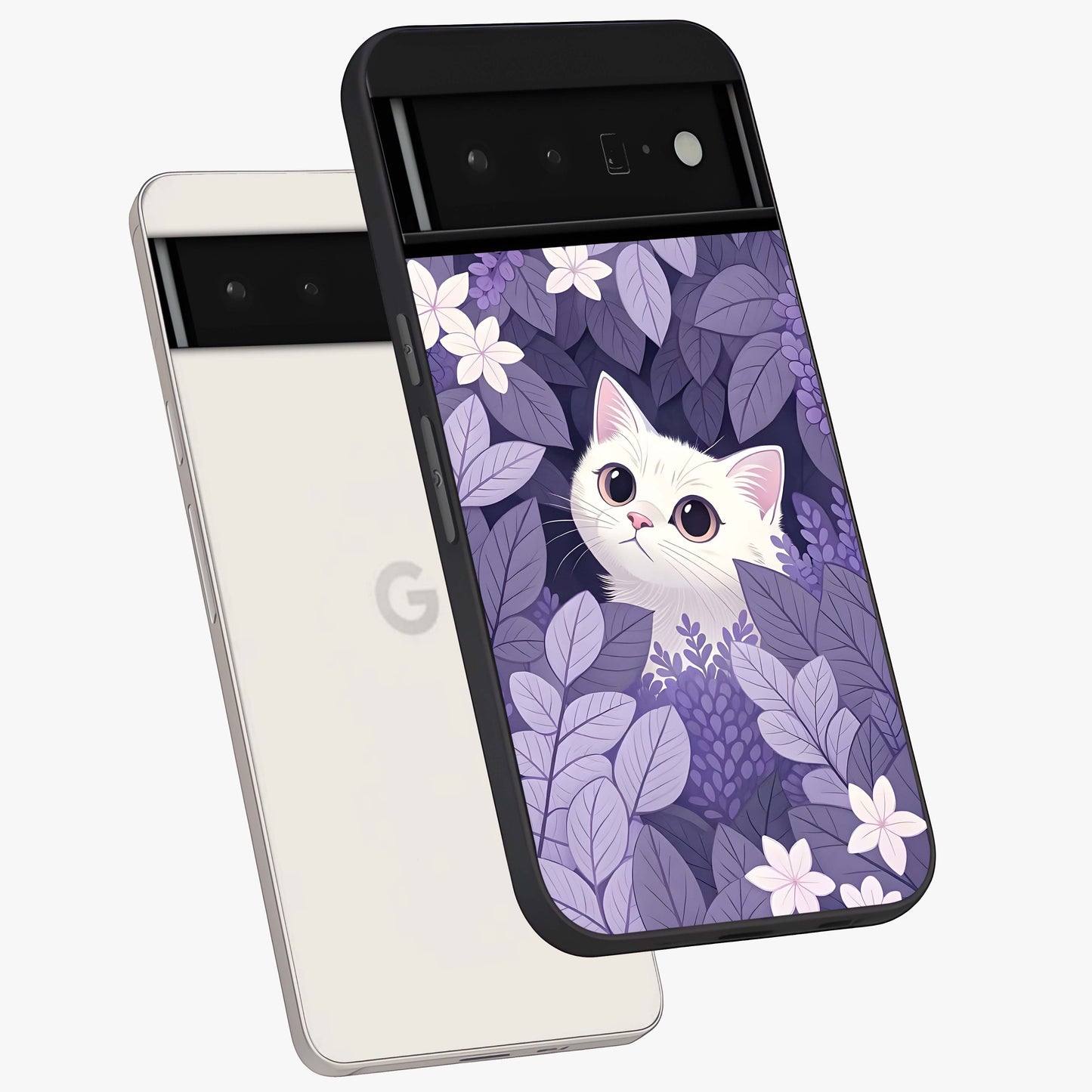 Lilac Hide Peek Cat Glass Case displayed in angled mockup highlighting playful feline illustration with lilac aesthetic design.