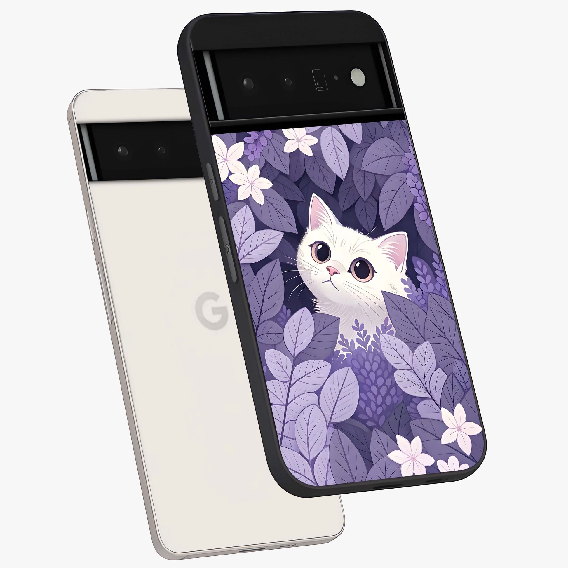 Lilac Hide Peek Cat Glass Case displayed in angled mockup highlighting playful feline illustration with lilac aesthetic design.