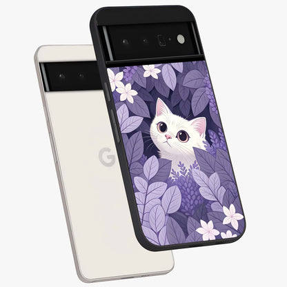 Lilac Hide Peek Cat Glass Case displayed in angled mockup highlighting playful feline illustration with lilac aesthetic design.