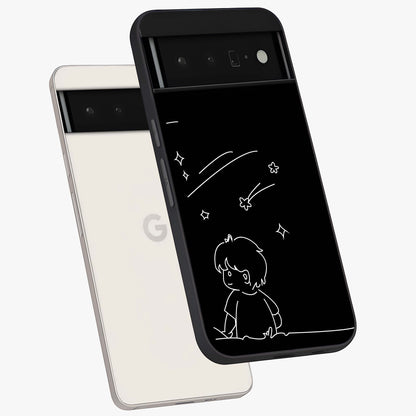 Line Art Boy With Shooting Stars Glass Case displayed in angled mockup highlighting elegant line art design with dreamy star aesthetic.