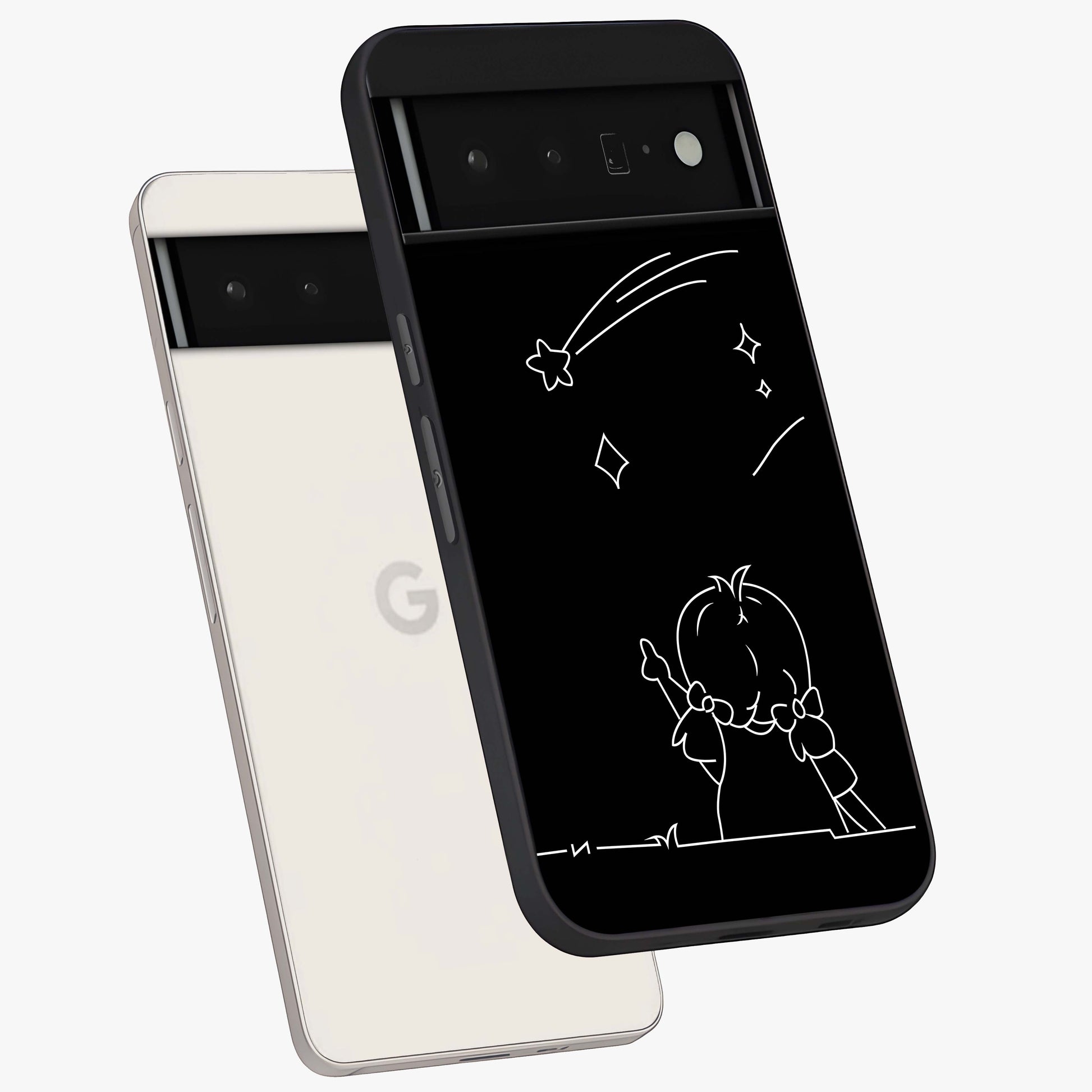 Line Art Girl With Shooting Stars Glass Case displayed in angled mockup highlighting elegant line art design with dreamy star aesthetic.