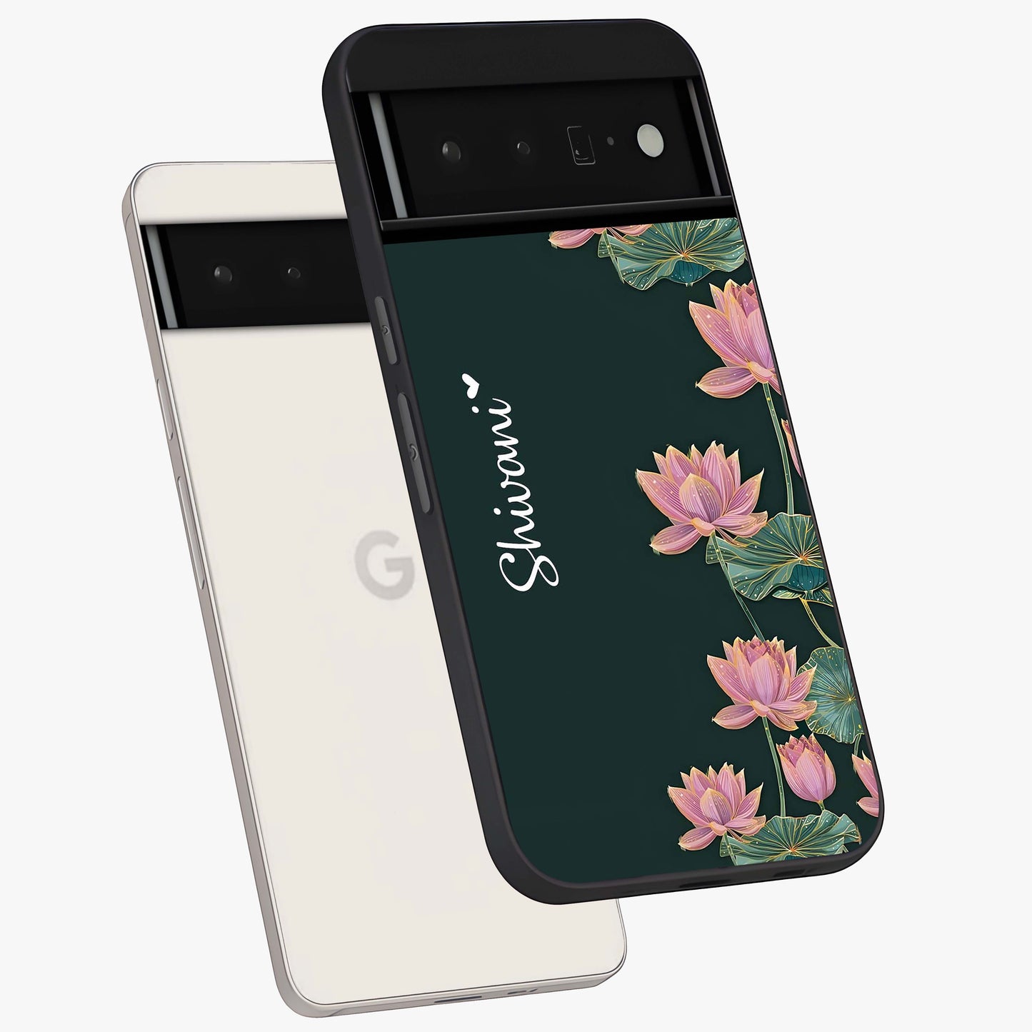 Lotus Bloom Serenity Custom Name Glass Case displayed in angled mockup highlighting graceful lotus illustration with custom name feature.