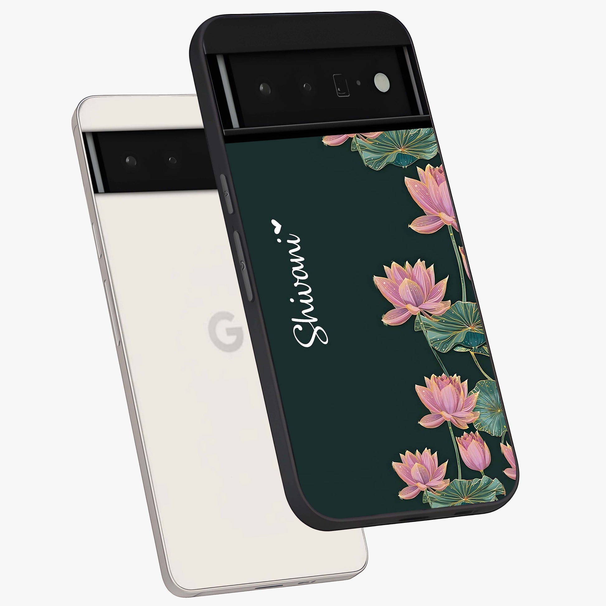 Lotus Bloom Serenity Custom Name Glass Case displayed in angled mockup highlighting graceful lotus illustration with custom name feature.