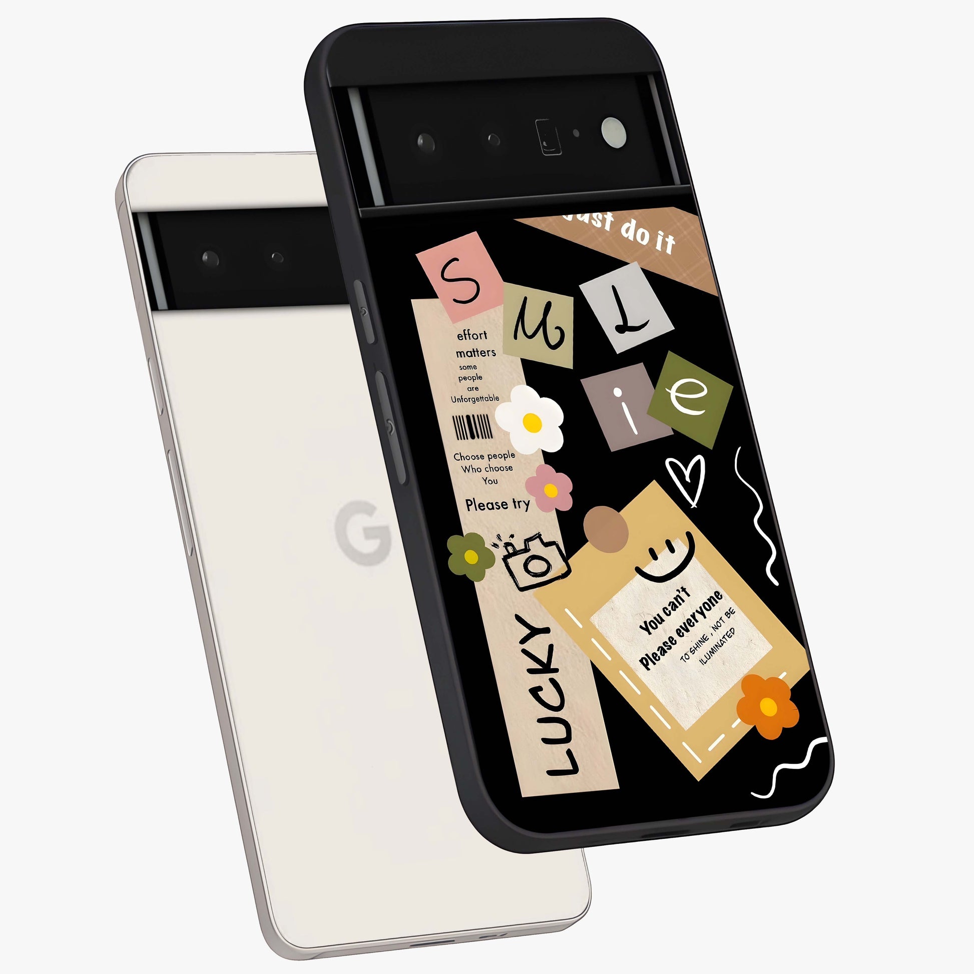 Lucky Aesthetic Collage Glass Case displayed in angled mockup highlighting stylish collage pattern with modern aesthetic vibe.