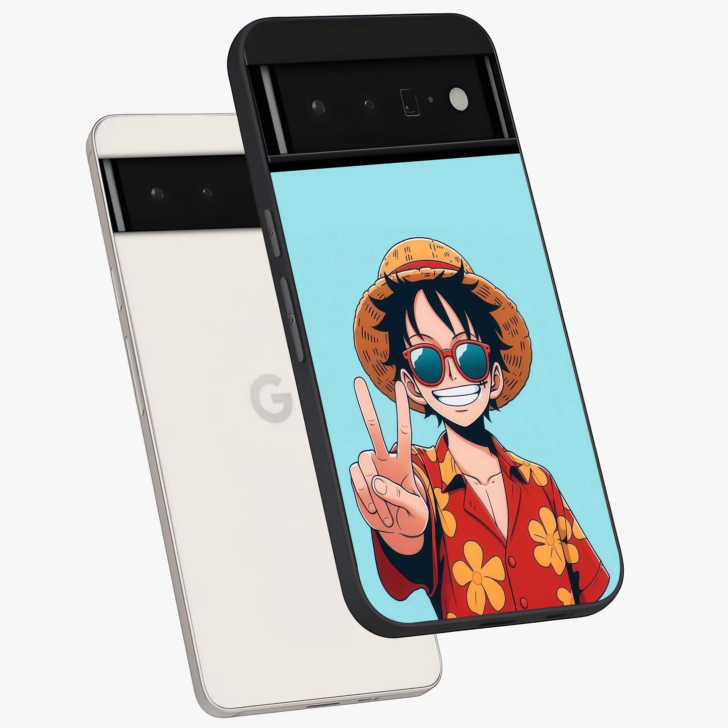 Luffy Summer Anime Vibe Glass Case displayed in angled mockup highlighting energetic anime illustration with summer vibe aesthetic.