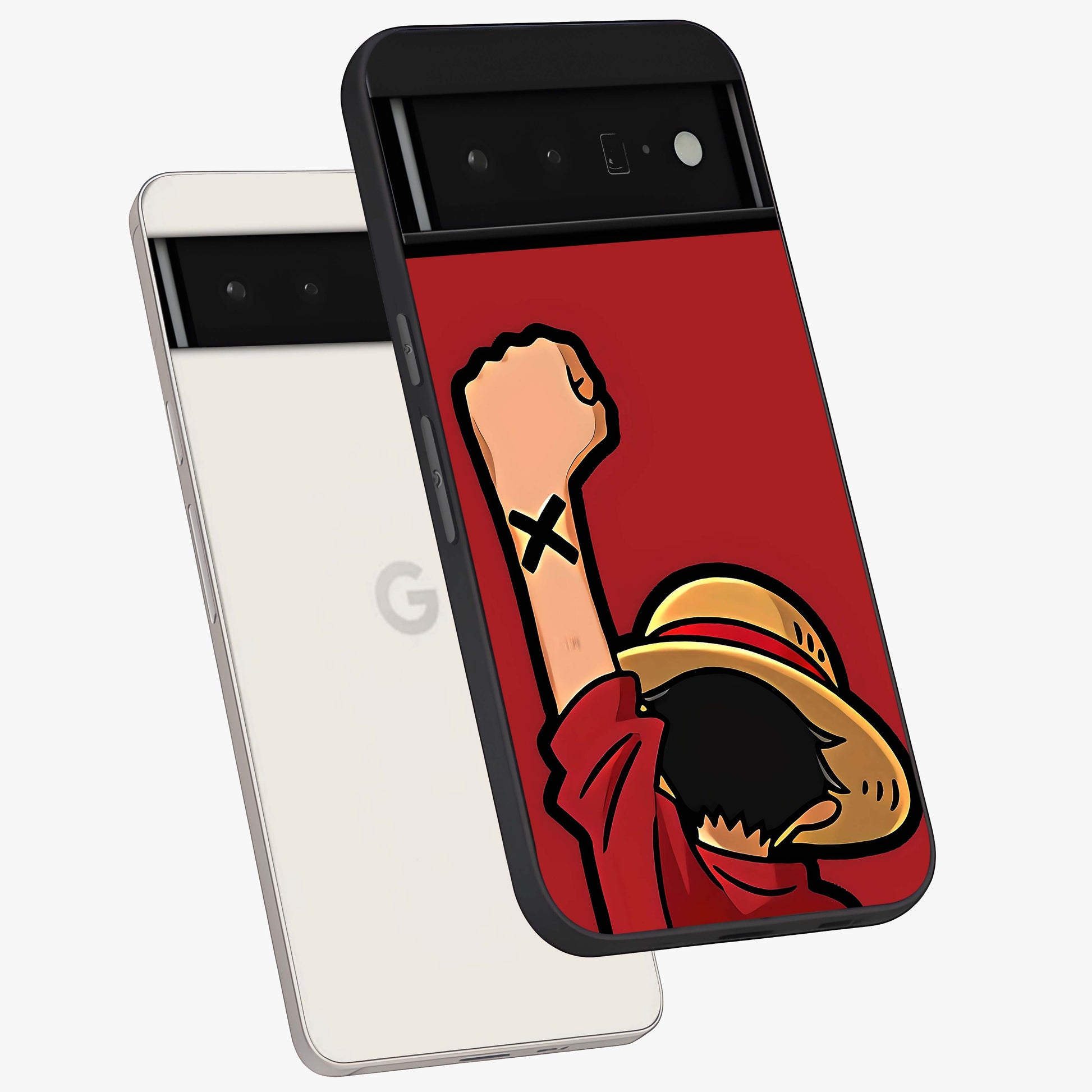 Luffy X Spirit Glass Case displayed in angled mockup highlighting powerful anime design with energetic action aesthetic.