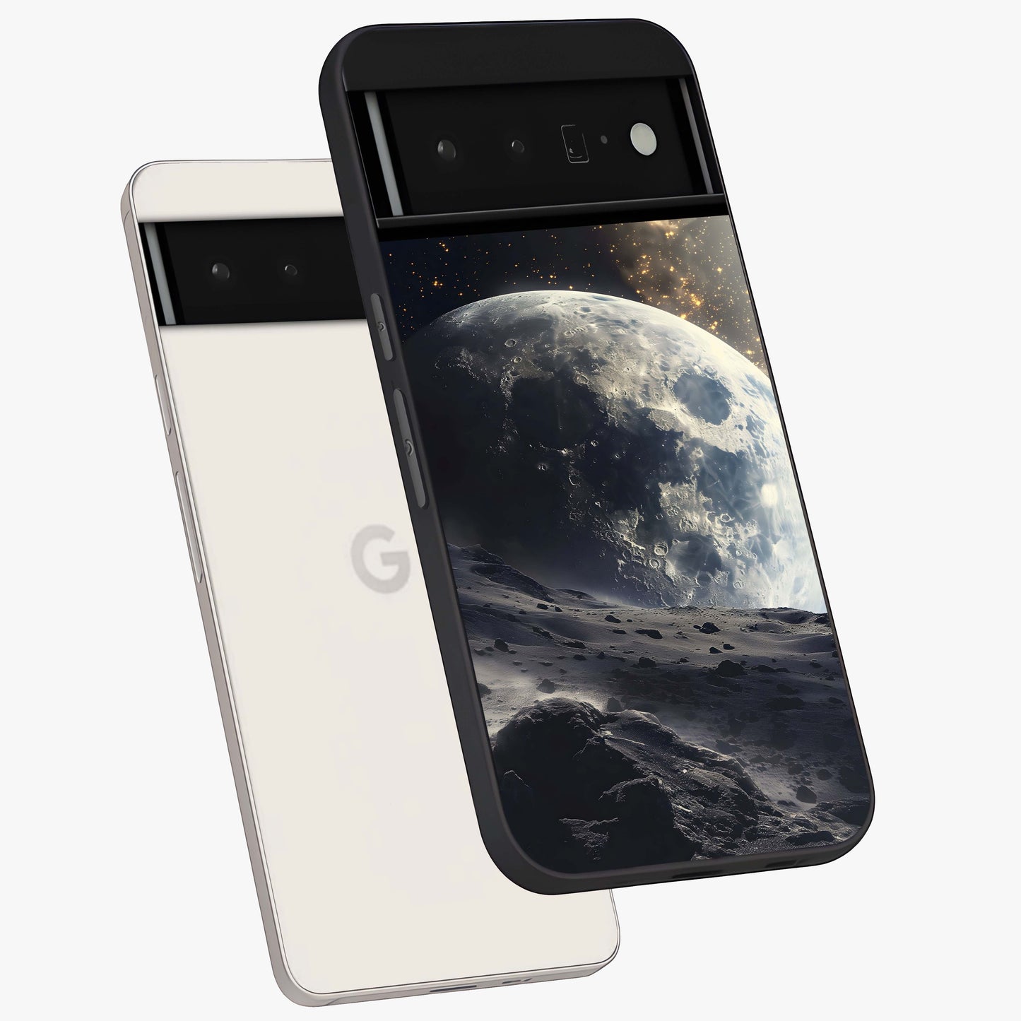 Lunar Horizon Glow Glass Case displayed in angled mockup highlighting celestial moon design with dreamy night aesthetic.