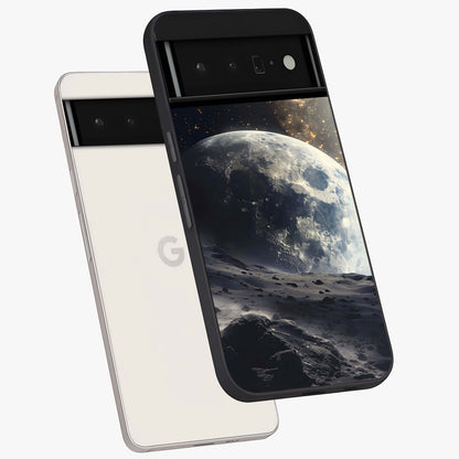 Lunar Horizon Glow Glass Case displayed in angled mockup highlighting celestial moon design with dreamy night aesthetic.