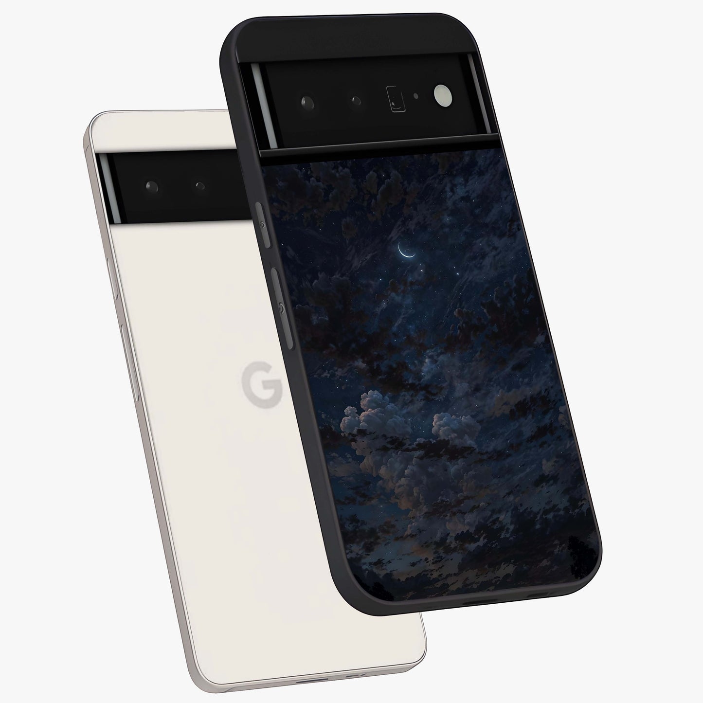 Lunar Veil Silence Glass Case displayed in angled mockup highlighting soft lunar design with peaceful celestial aesthetic.