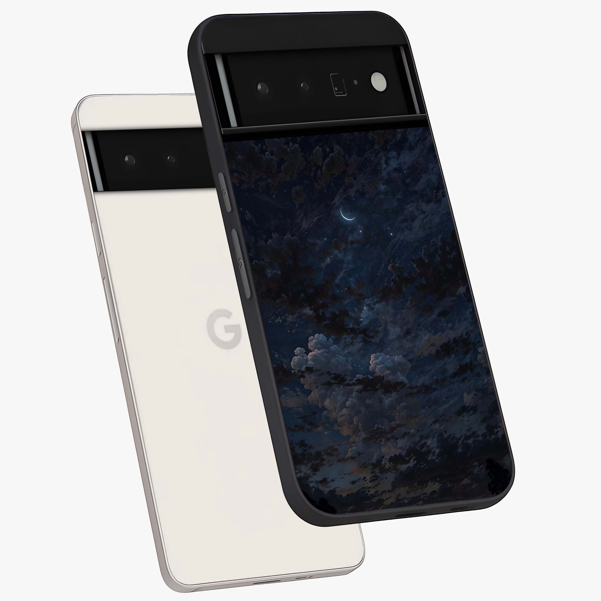 Lunar Veil Silence Glass Case displayed in angled mockup highlighting soft lunar design with peaceful celestial aesthetic.