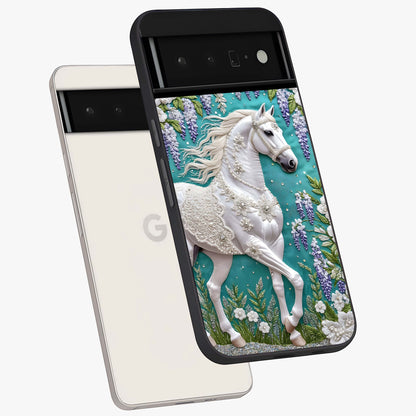 Majestic Floral Stallion Glass Case displayed in angled mockup highlighting majestic stallion illustration with elegant floral aesthetic.