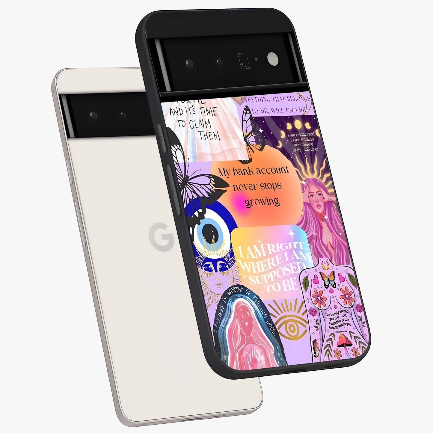 Manifestation Collage Glass Case displayed in angled mockup highlighting inspirational aesthetic collage design.