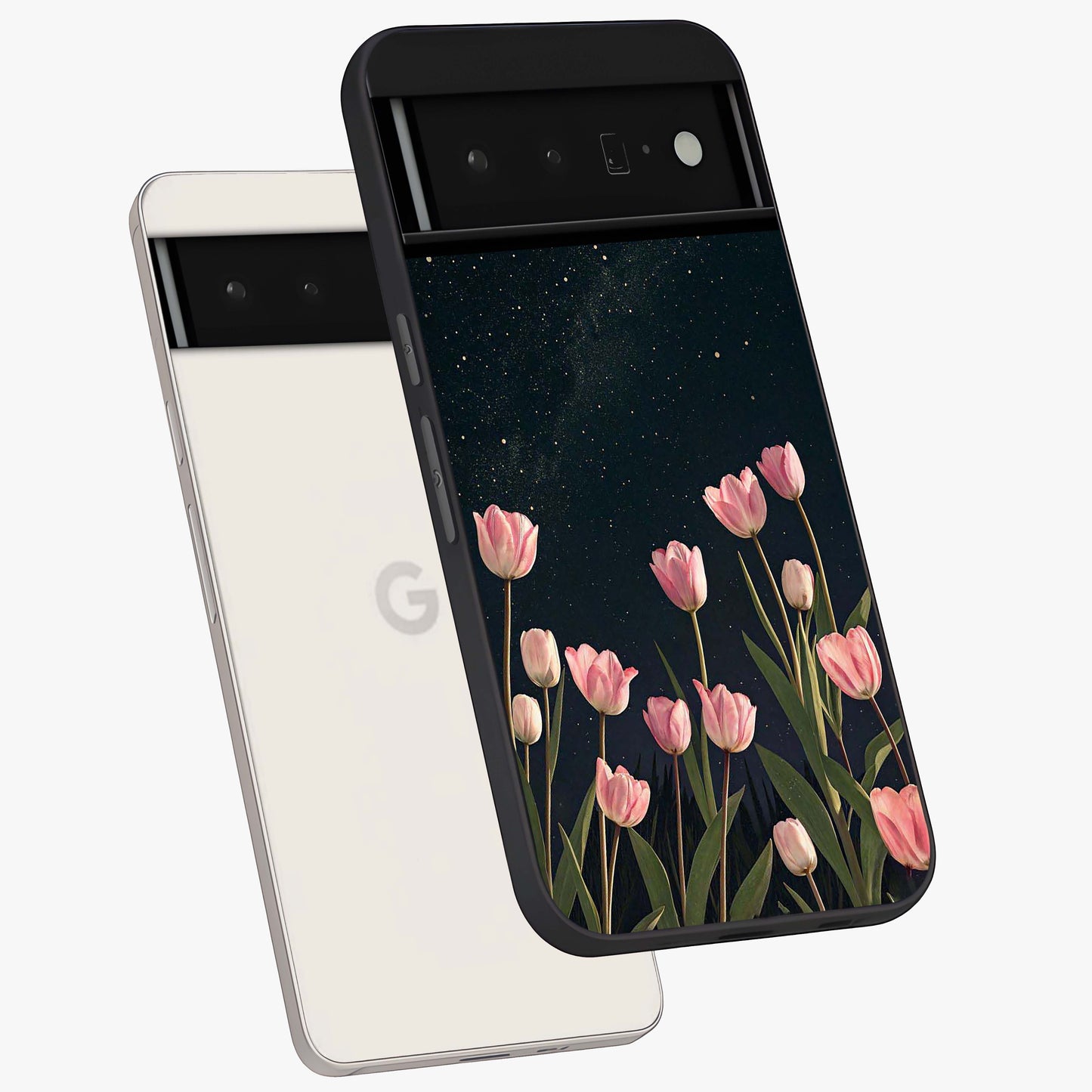Midnight Tulip Whispers Vibe Glass Case displayed in angled mockup highlighting delicate tulip design with midnight floral aesthetic.
