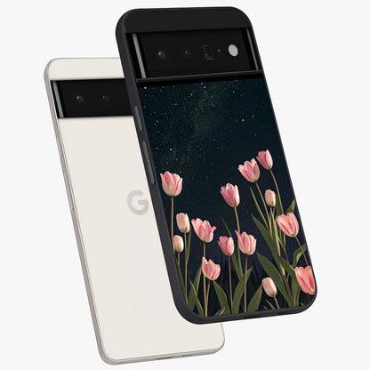 Midnight Tulip Whispers Vibe Glass Case displayed in angled mockup highlighting delicate tulip design with midnight floral aesthetic.