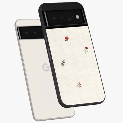 Minimalistic Blue With White Flower Pattern Glass Case displayed in angled mockup highlighting simple floral design with minimal aesthetic.