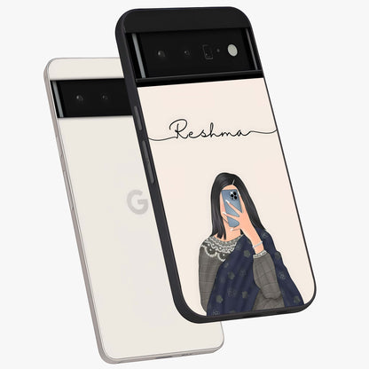 Mirror Mood Muse With Custom Name Glass Case displayed in angled mockup highlighting aesthetic mirror inspired design with custom name feature.
