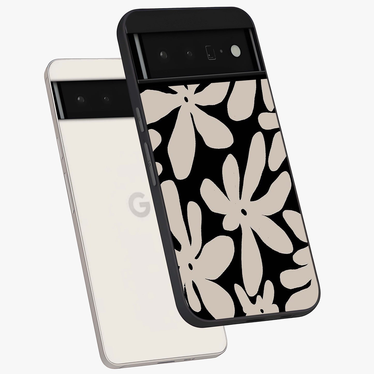 Monochrome Petal Dance Glass Case displayed in angled mockup highlighting elegant petal design with black and white aesthetic.