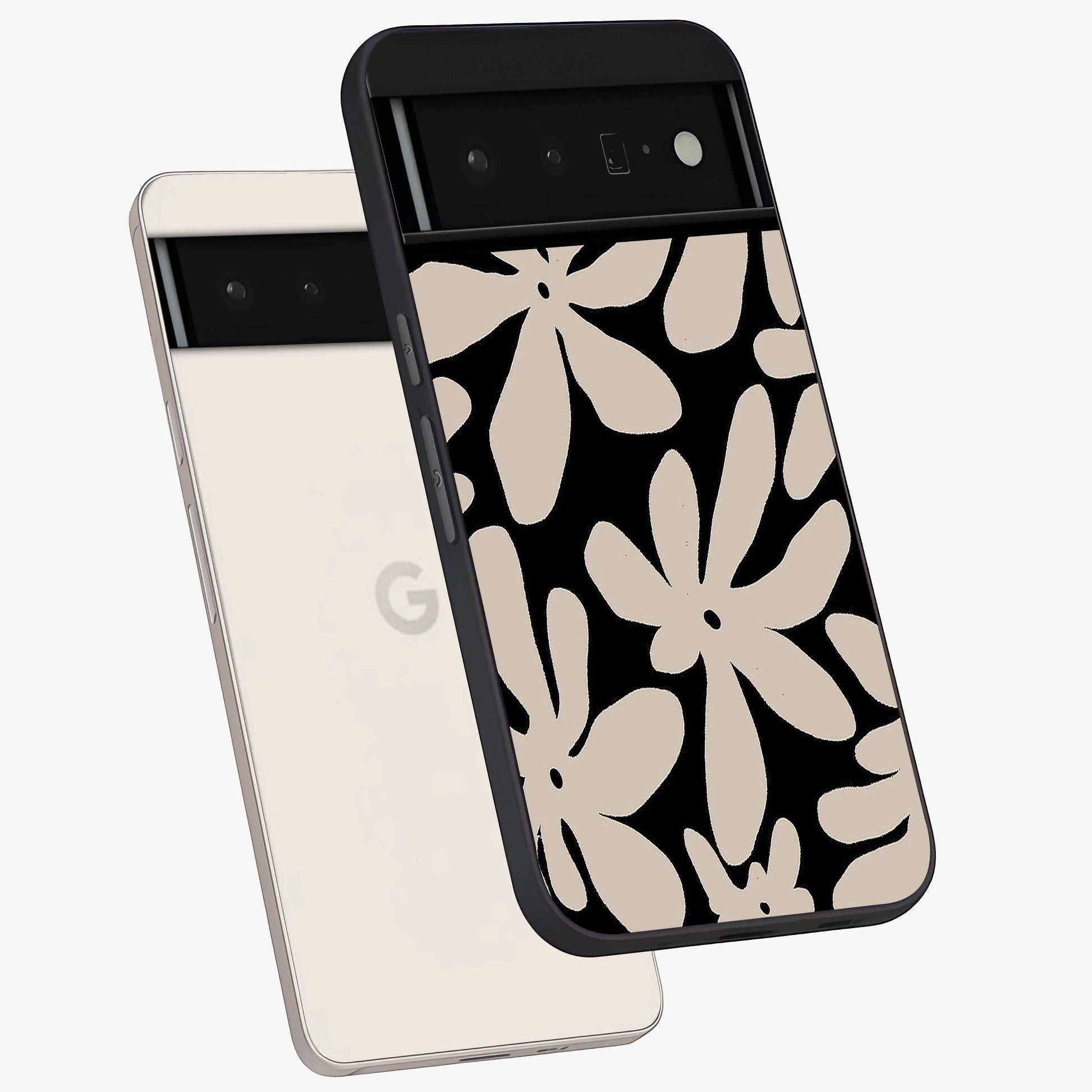 Monochrome Petal Dance Glass Case displayed in angled mockup highlighting elegant petal design with black and white aesthetic.