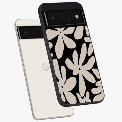 Monochrome Petal Dance Glass Case displayed in angled mockup highlighting elegant petal design with black and white aesthetic.