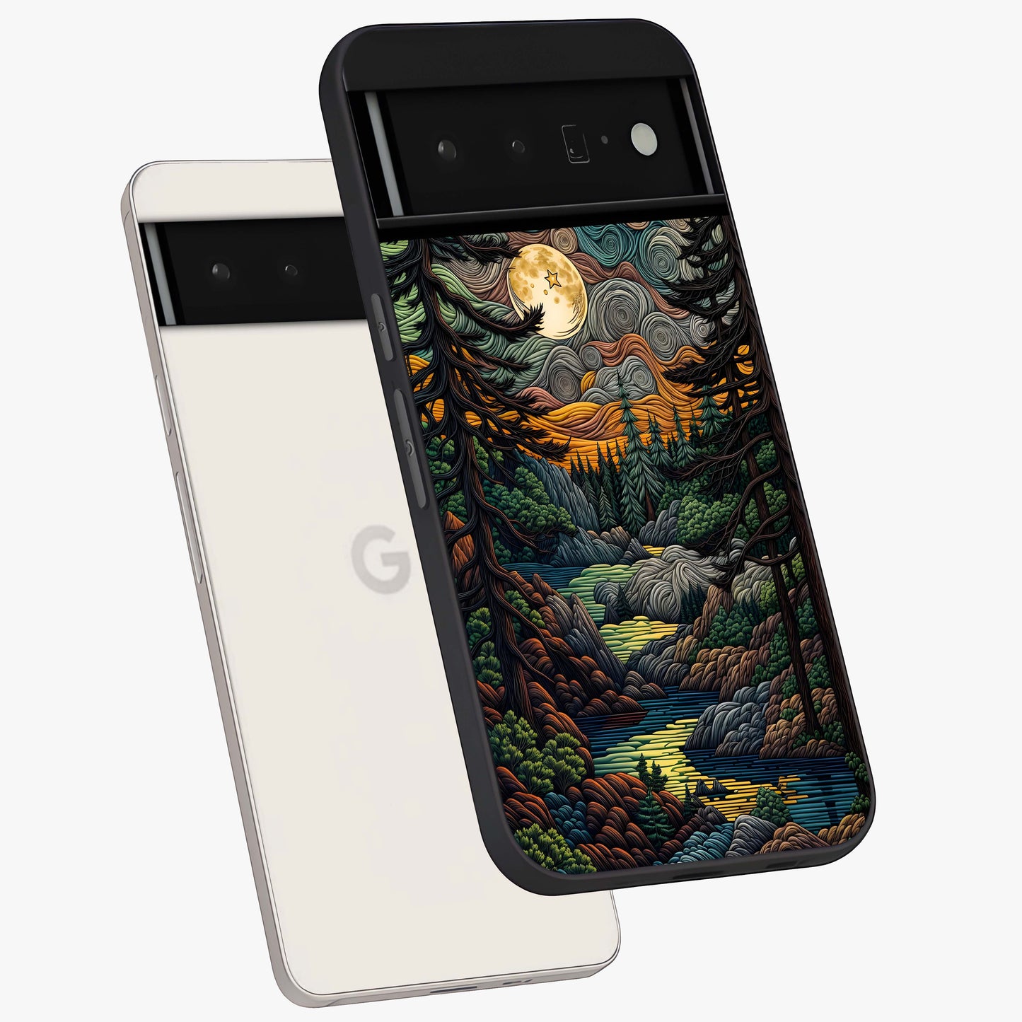 Moonlight Forest Dream Glass Case displayed in angled mockup highlighting dreamy forest design with glowing moon aesthetic.