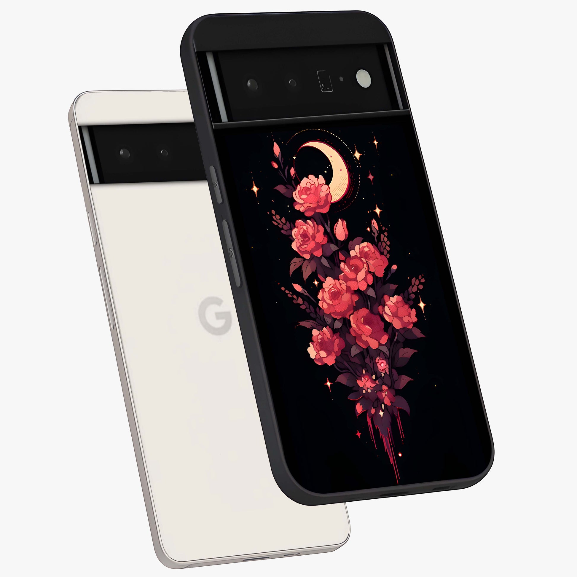 Moonlit Floral Elegance Glass Case displayed in angled mockup highlighting graceful flower design with soft moonlight aesthetic.