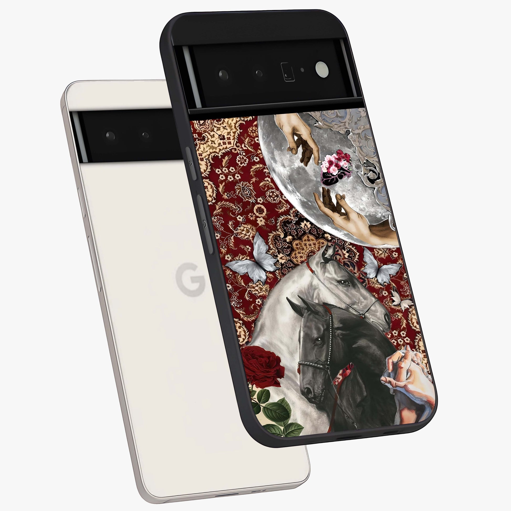 Moonlit Royal Stallion Glass Case displayed in angled mockup highlighting powerful stallion illustration with royal night aesthetic.