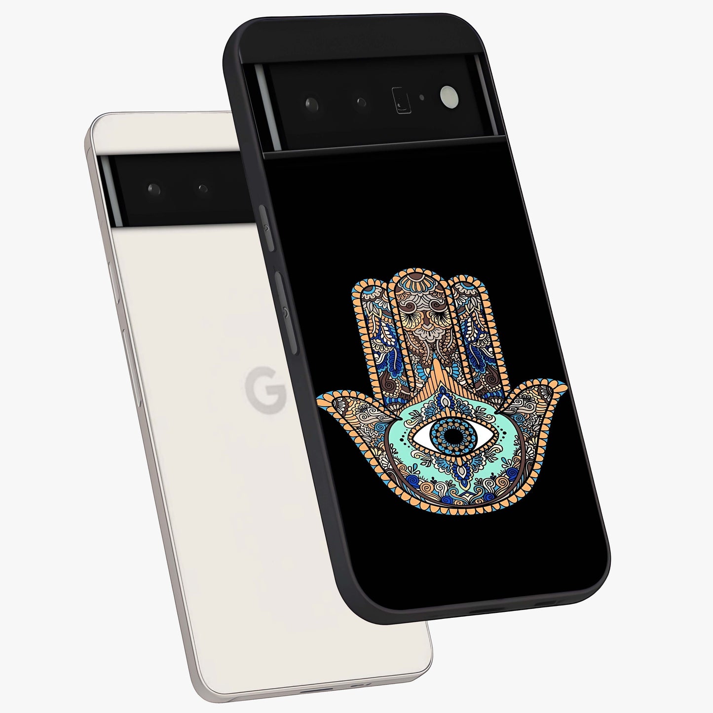 Mystic Hamsa Eye Glass Case displayed in angled mockup highlighting spiritual hamsa symbol with mystical aesthetic style.