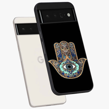 Mystic Hamsa Eye Glass Case displayed in angled mockup highlighting spiritual hamsa symbol with mystical aesthetic style.