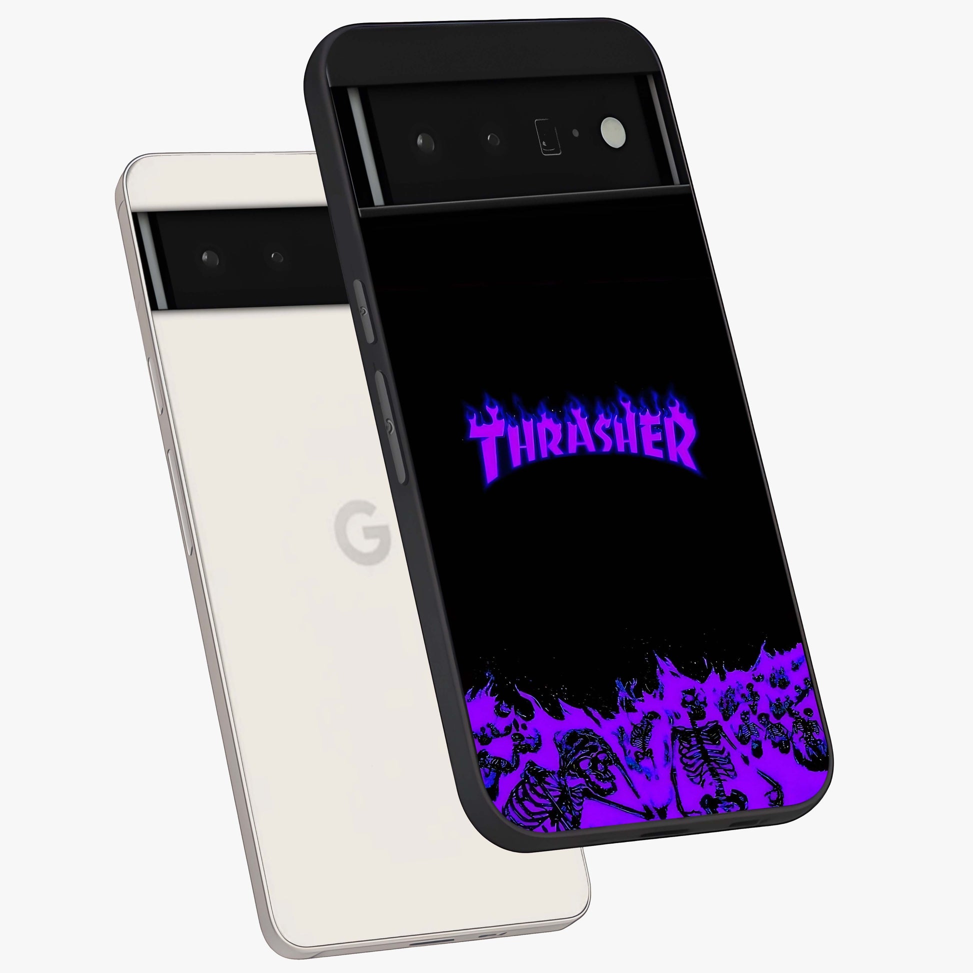 Neon Flame Riot Glass Case displayed in angled mockup highlighting glowing flame design with vibrant neon aesthetic.