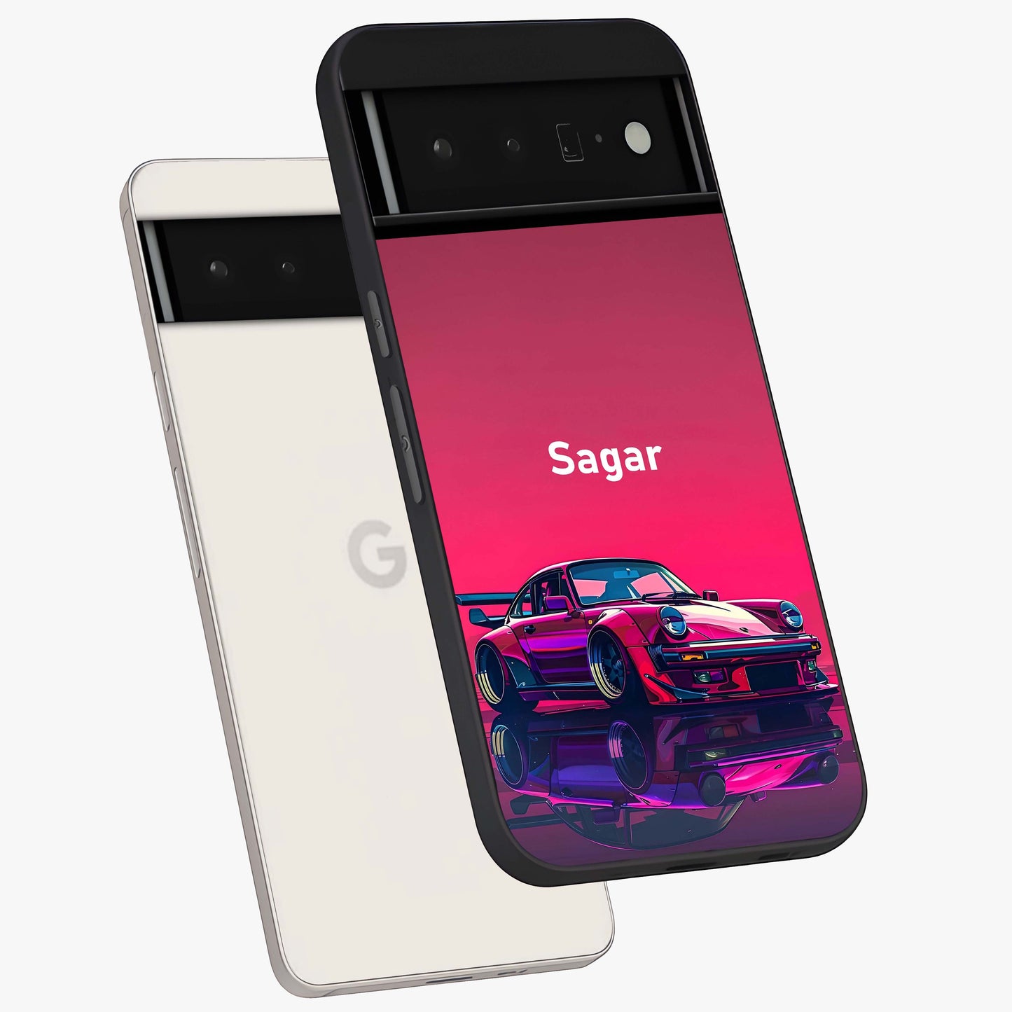 Neon Pink Porsche Glass Case displayed in angled mockup highlighting sleek neon pink car design with racing aesthetic.