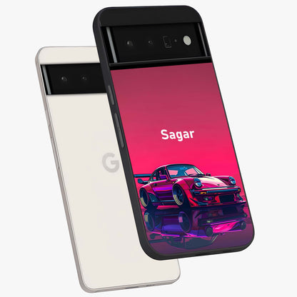 Neon Pink Porsche Glass Case displayed in angled mockup highlighting sleek neon pink car design with racing aesthetic.