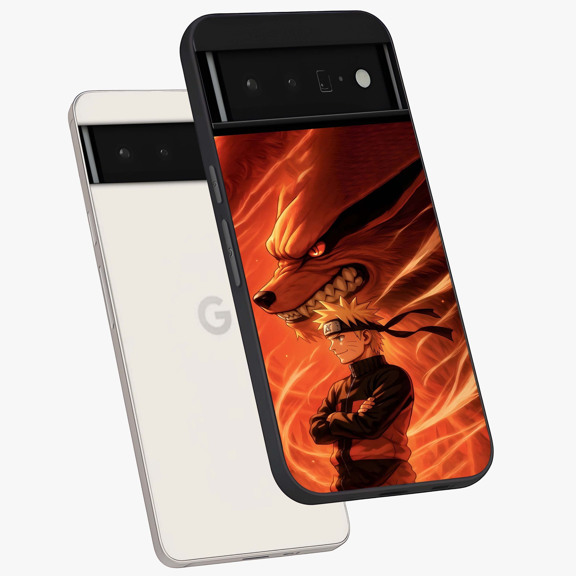 Nine Tails Legacy Glass Case displayed in angled mockup highlighting dynamic anime beast illustration with bold mystical aesthetic.