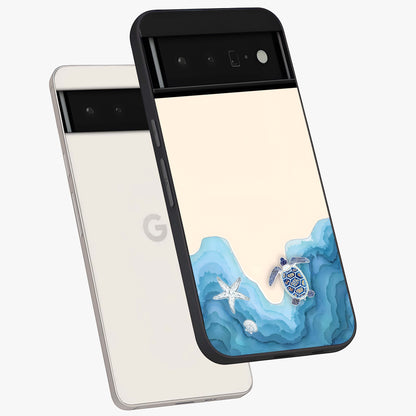 Ocean Drift Turtle Glass Case displayed in angled mockup highlighting peaceful ocean turtle illustration with marine aesthetic.