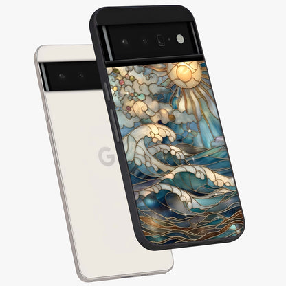 Oceanic Stained Printed Glass Case displayed in angled mockup highlighting colorful aquatic design with artistic aesthetic style.