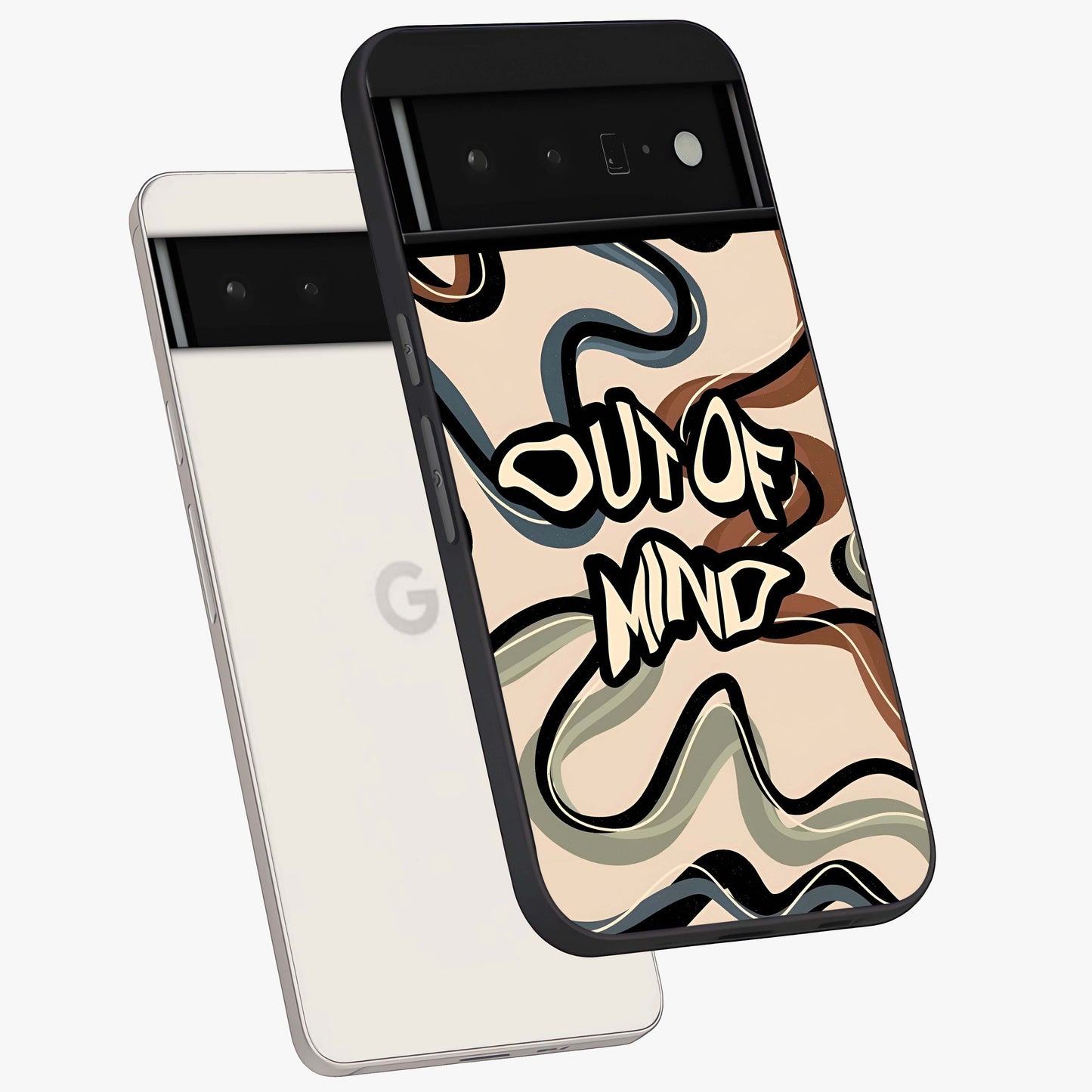 Out Of Mind Glass Case displayed in angled mockup highlighting bold statement design with modern artistic aesthetic.