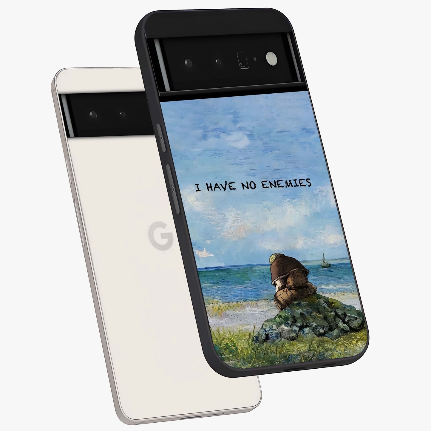 Peace Beyond War Glass Case displayed in angled mockup highlighting meaningful message design with artistic aesthetic style.