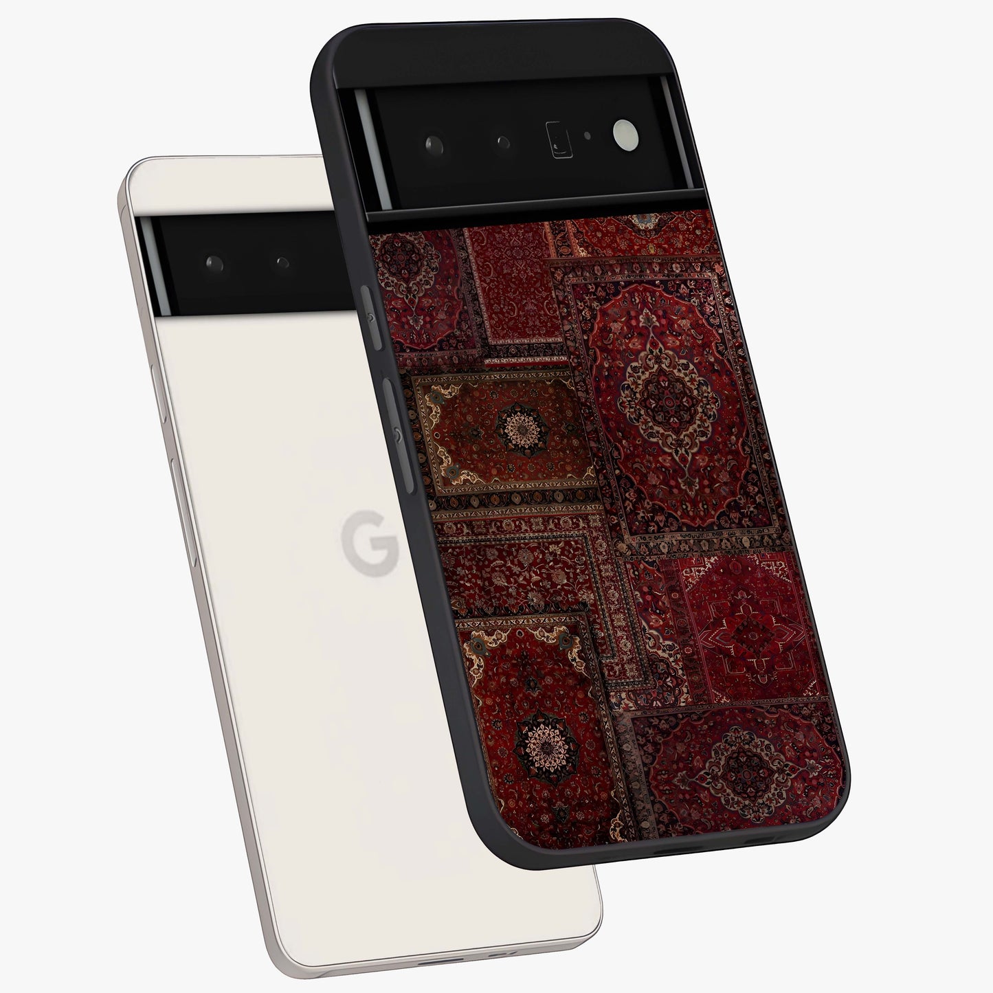 Persian Velvet Tale Glass Case displayed in angled mockup highlighting ornate textile inspired design with royal aesthetic.