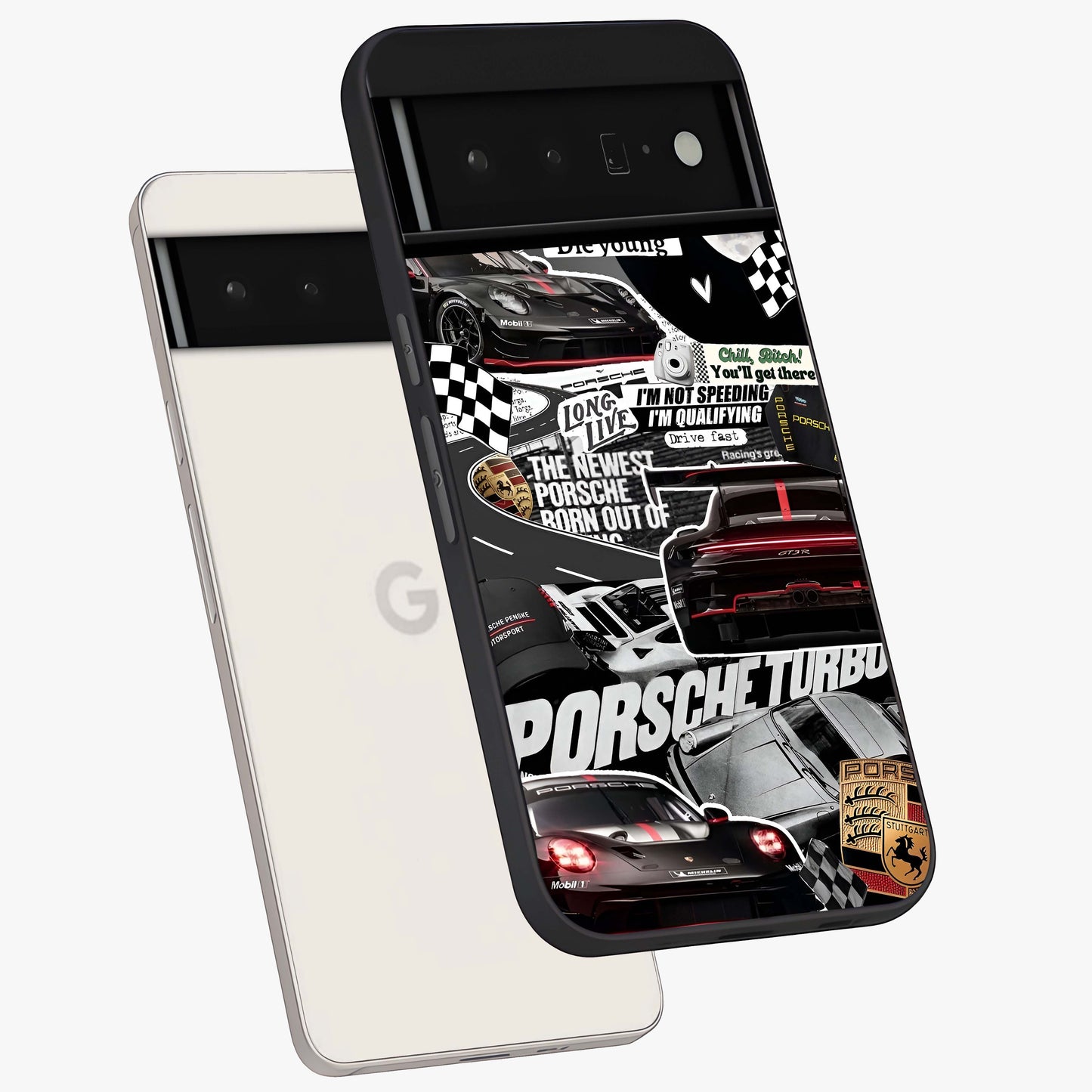 Porsche Racing Collage Glass Case displayed in angled mockup highlighting dynamic automotive design with bold racing aesthetic.