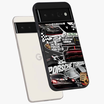 Porsche Racing Collage Glass Case displayed in angled mockup highlighting dynamic automotive design with bold racing aesthetic.