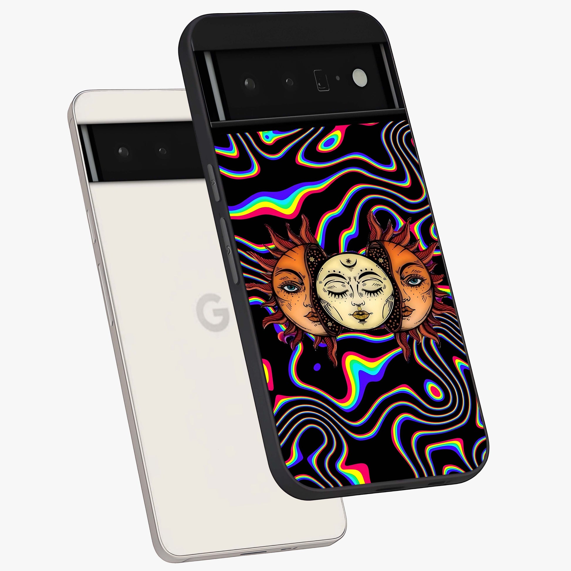 Psychedelic Sun Glass Case displayed in angled mockup highlighting vibrant abstract sun design with artistic aesthetic style.