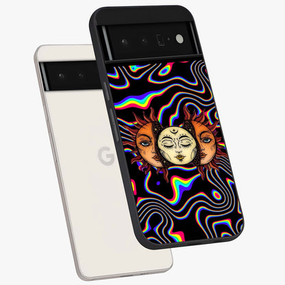 Psychedelic Sun Glass Case displayed in angled mockup highlighting vibrant abstract sun design with artistic aesthetic style.