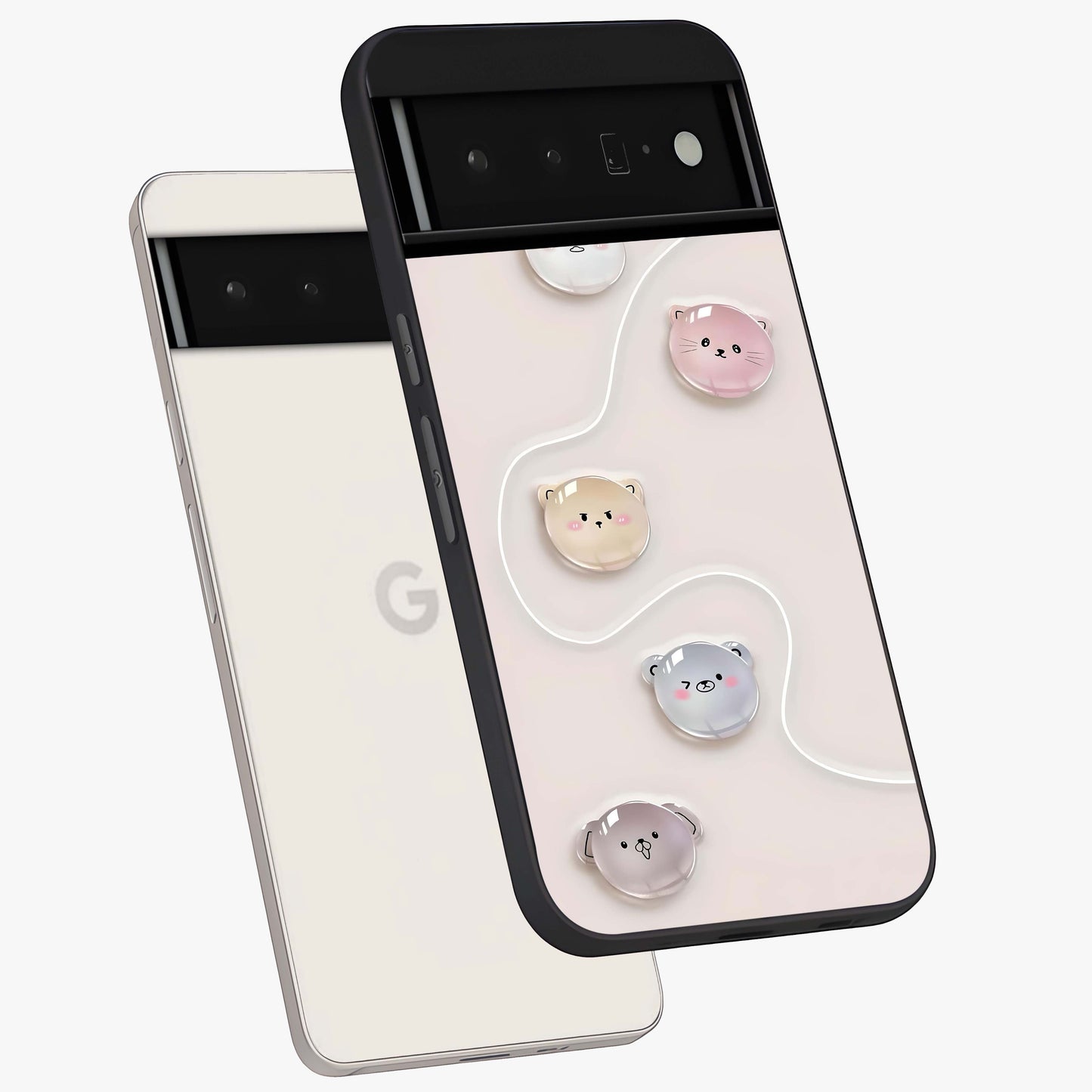 Puffy Face Parade Glass Case displayed in angled mockup highlighting playful cartoon face design with fun aesthetic.