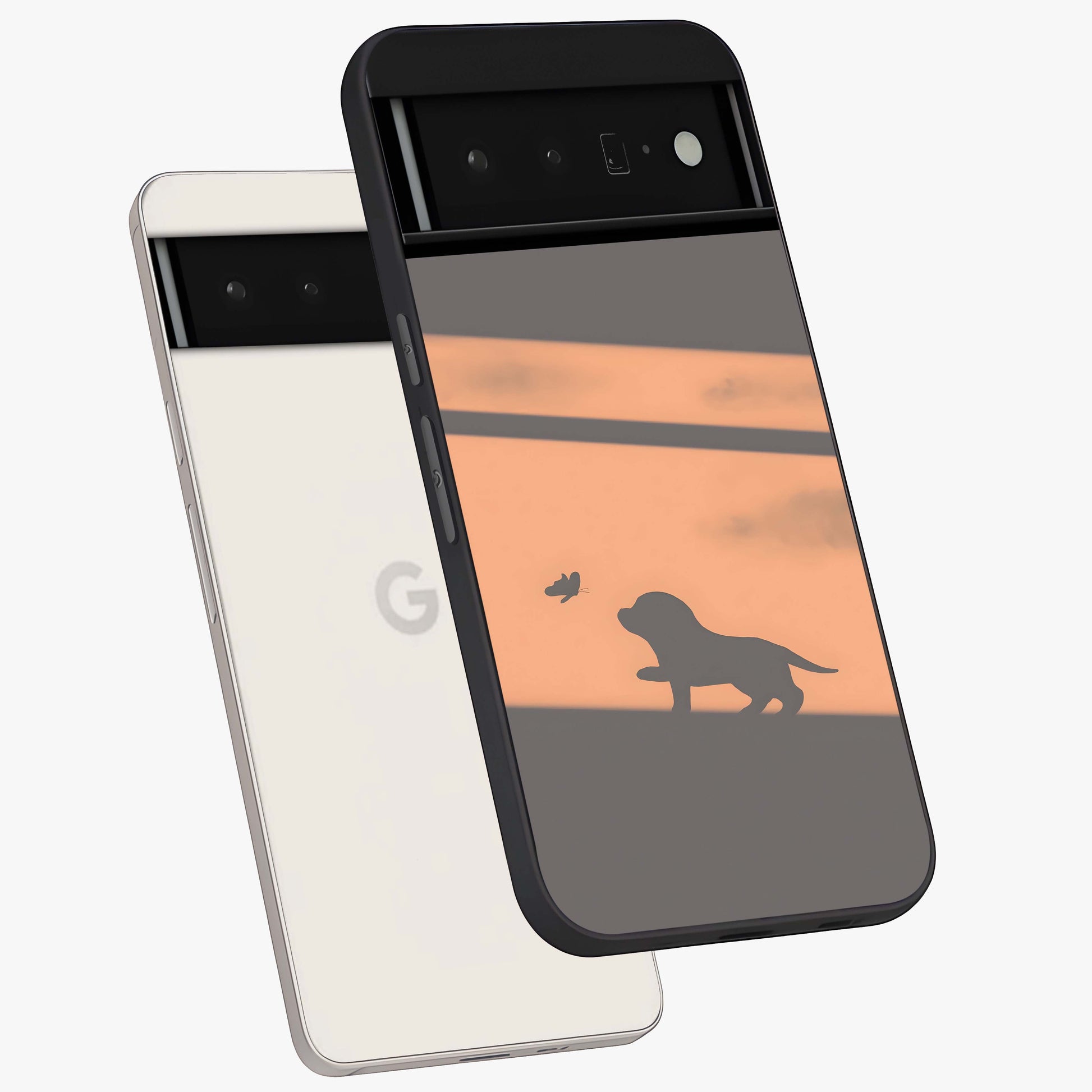 Puppy Shadow Art Glass Case displayed in angled mockup highlighting playful dog illustration with artistic shadow aesthetic.