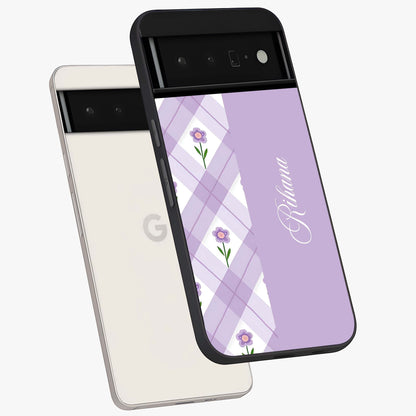 Purple Diamond Floral Glass Case displayed in angled mockup highlighting elegant purple flower design with decorative pattern.