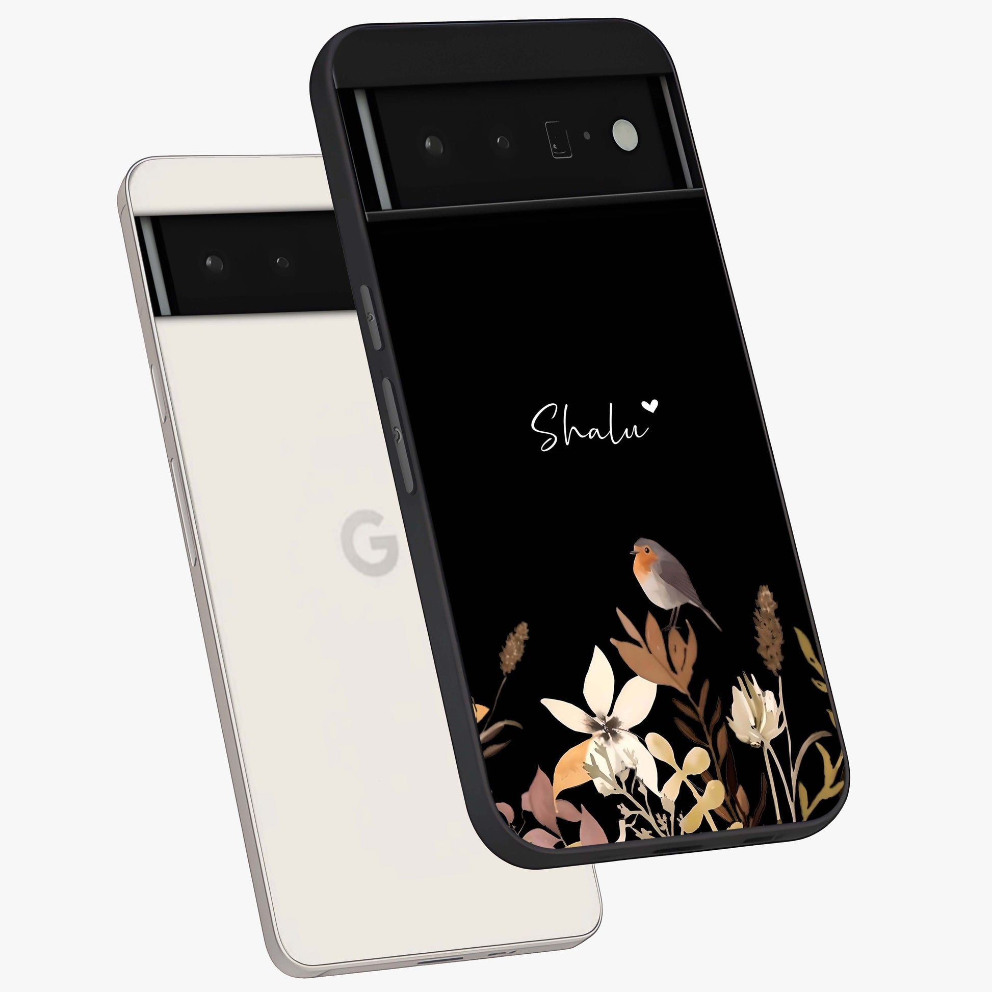 Quiet Garden Tune Custom Name Glass Case displayed in angled mockup highlighting delicate floral garden design with custom name feature.