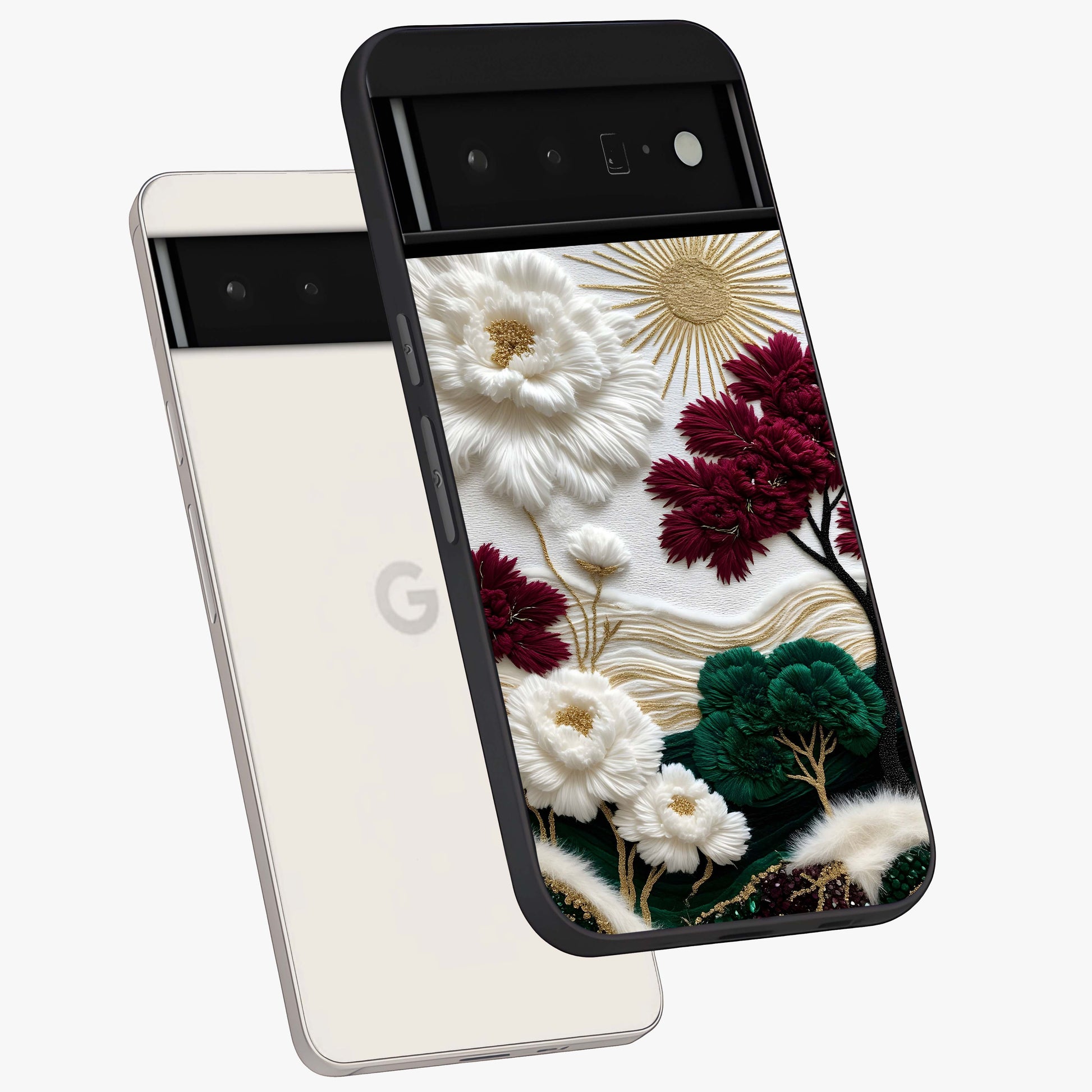 Radiant Bloom Elegance Glass Case displayed in angled mockup highlighting graceful floral design with radiant aesthetic style.