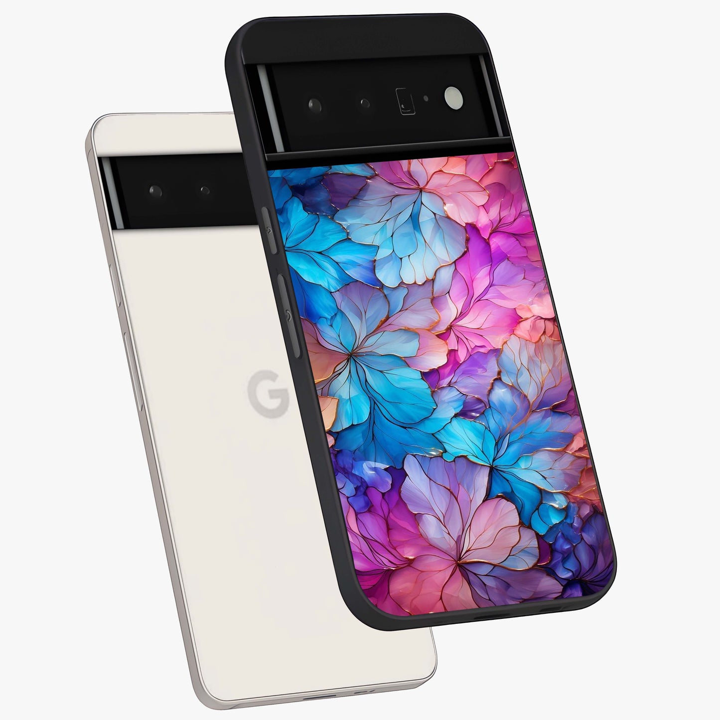 Radiant Floral Whirl Glass Case displayed in angled mockup highlighting vibrant flower pattern with dynamic artistic aesthetic.