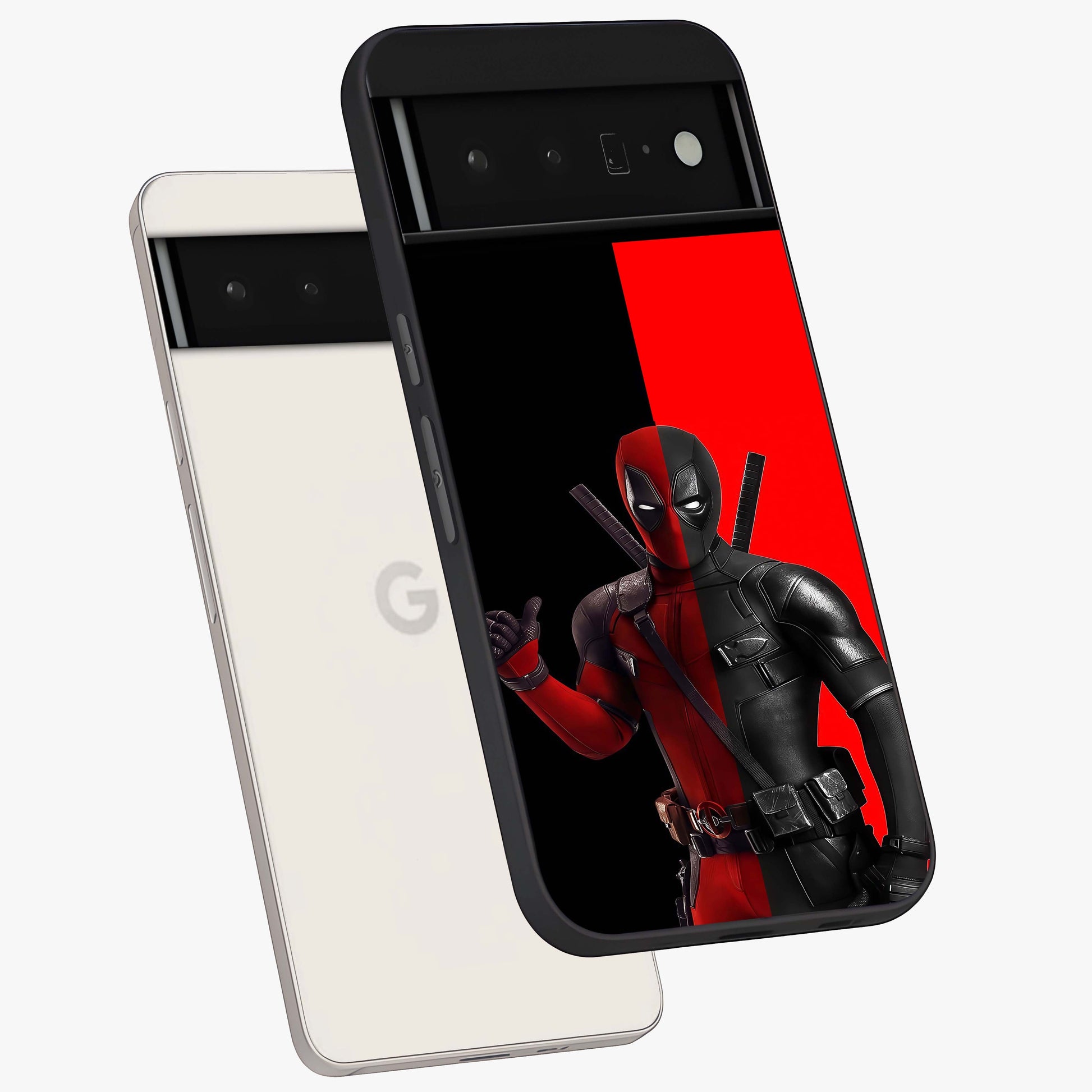 Red & Black Deadpool Theme Glass Case displayed in angled mockup highlighting vibrant superhero style illustration with action aesthetic.
