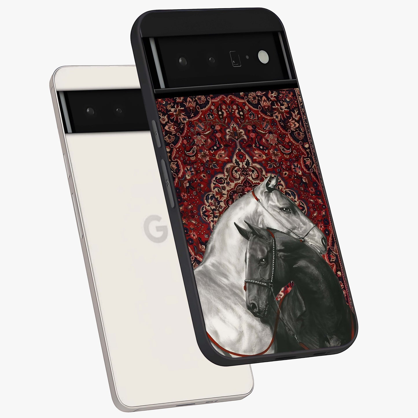Regal Stallion Tapestry Glass Case displayed in angled mockup highlighting royal stallion design with decorative heritage aesthetic.