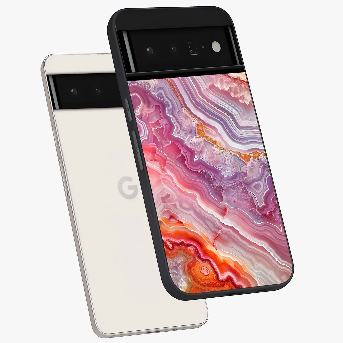 Rose Quartz Marble Glass Case displayed in angled mockup highlighting elegant marble pattern with soft aesthetic style.